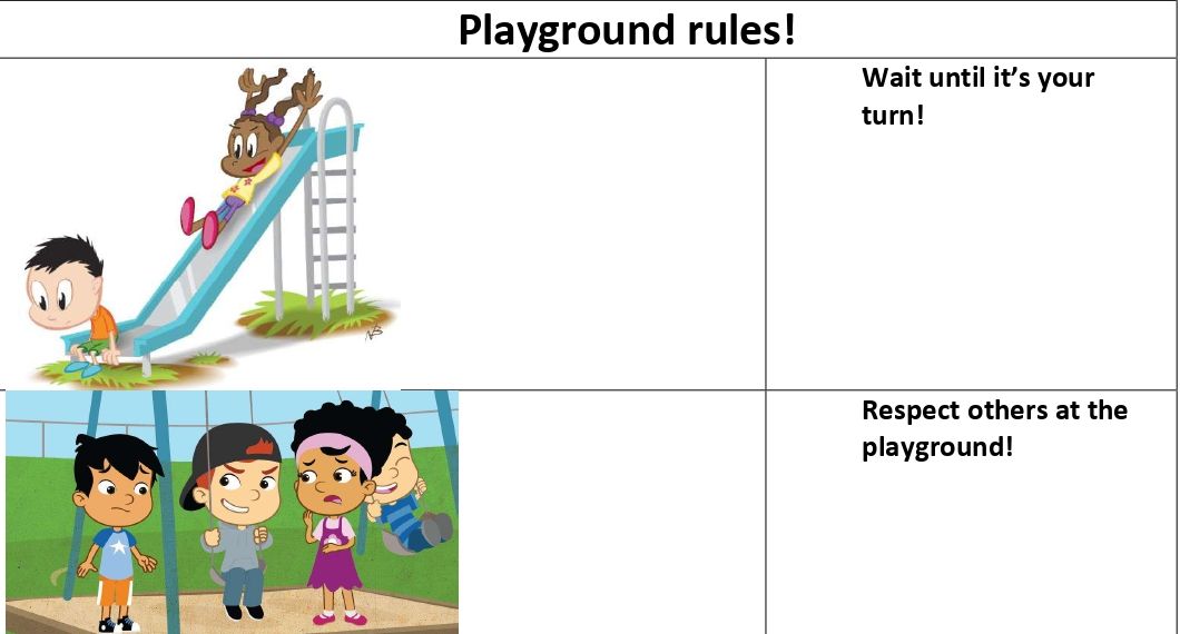 Fiche d'activité : affiche « Playground rules! » avec des scènes illustrées sur le respect et l'attente de son tour